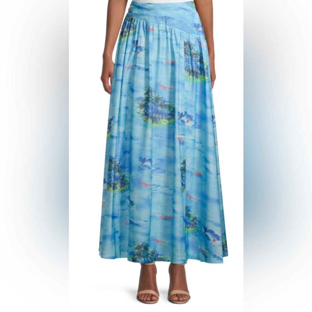 NWT Staud Kona Blue Island Print Maxi Basque Waist Maxi Skirt size 16